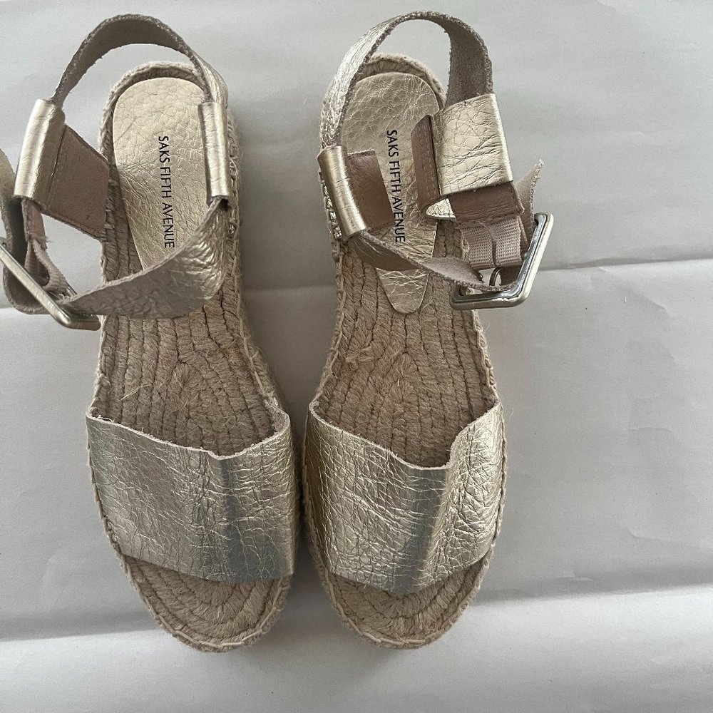Saks Fifth Avenue Metallic Gold Espadrille Wedge Sandals